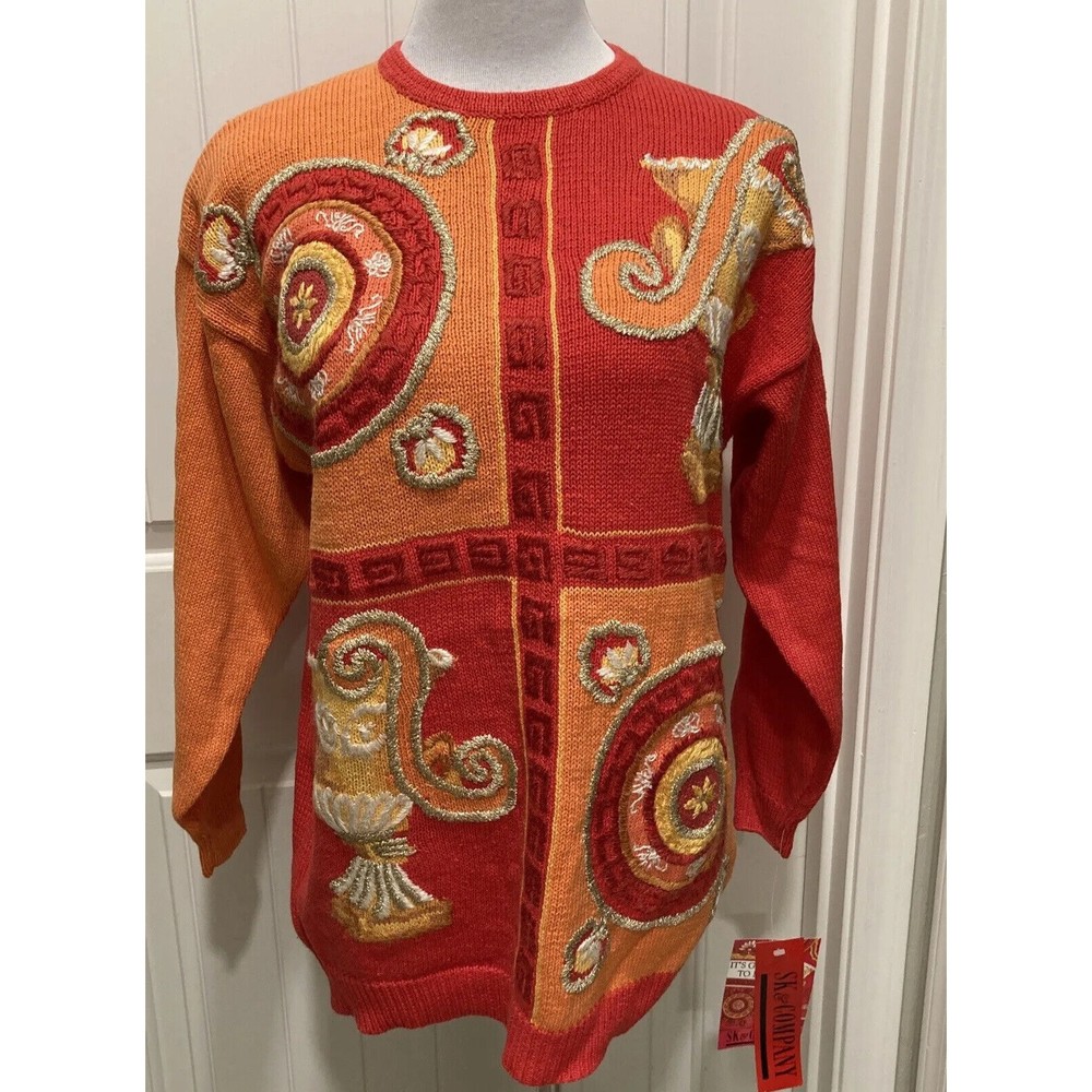 Vtg NWT SK & Co SZ M Pullover Sweater Embroidery Metallic Thread Orange Greek